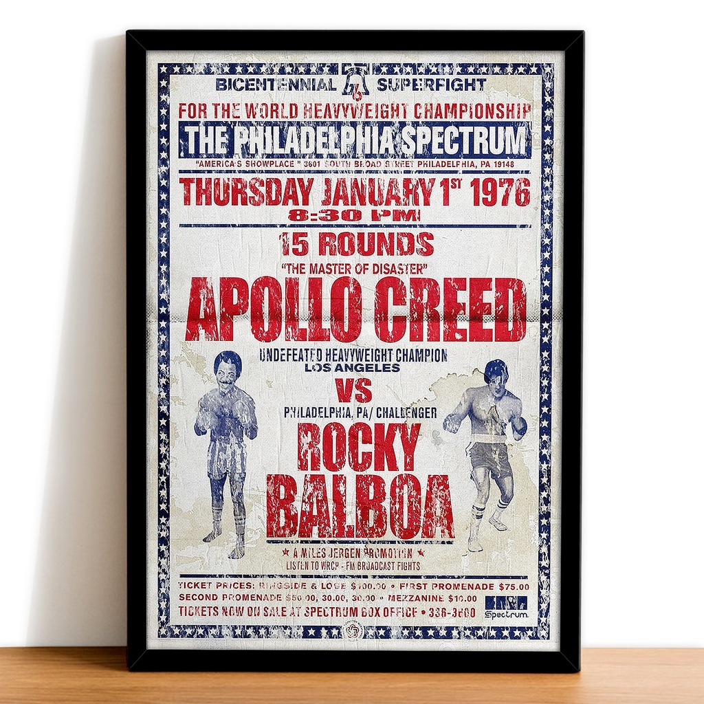 Quadro decorativo Rocky Balboa Apollo Creed A4 24x33cm e A3 33x45cm COM VIDRO