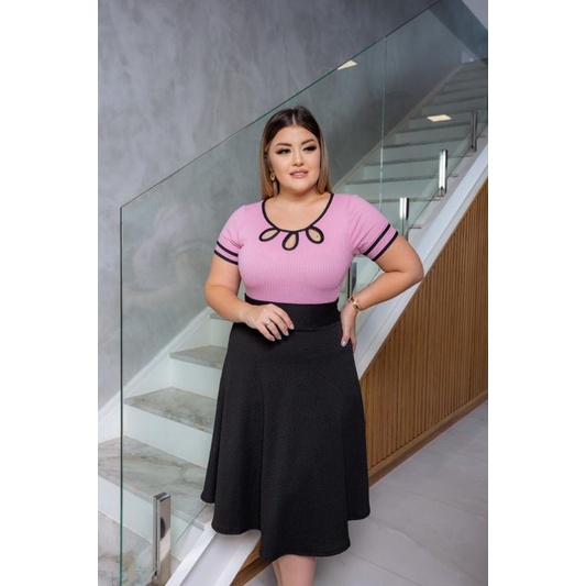 Conjunto Saia Preta Gode Midi e Blusa Canelada detalhe 3 Gotas Moda Feminina Evangelica