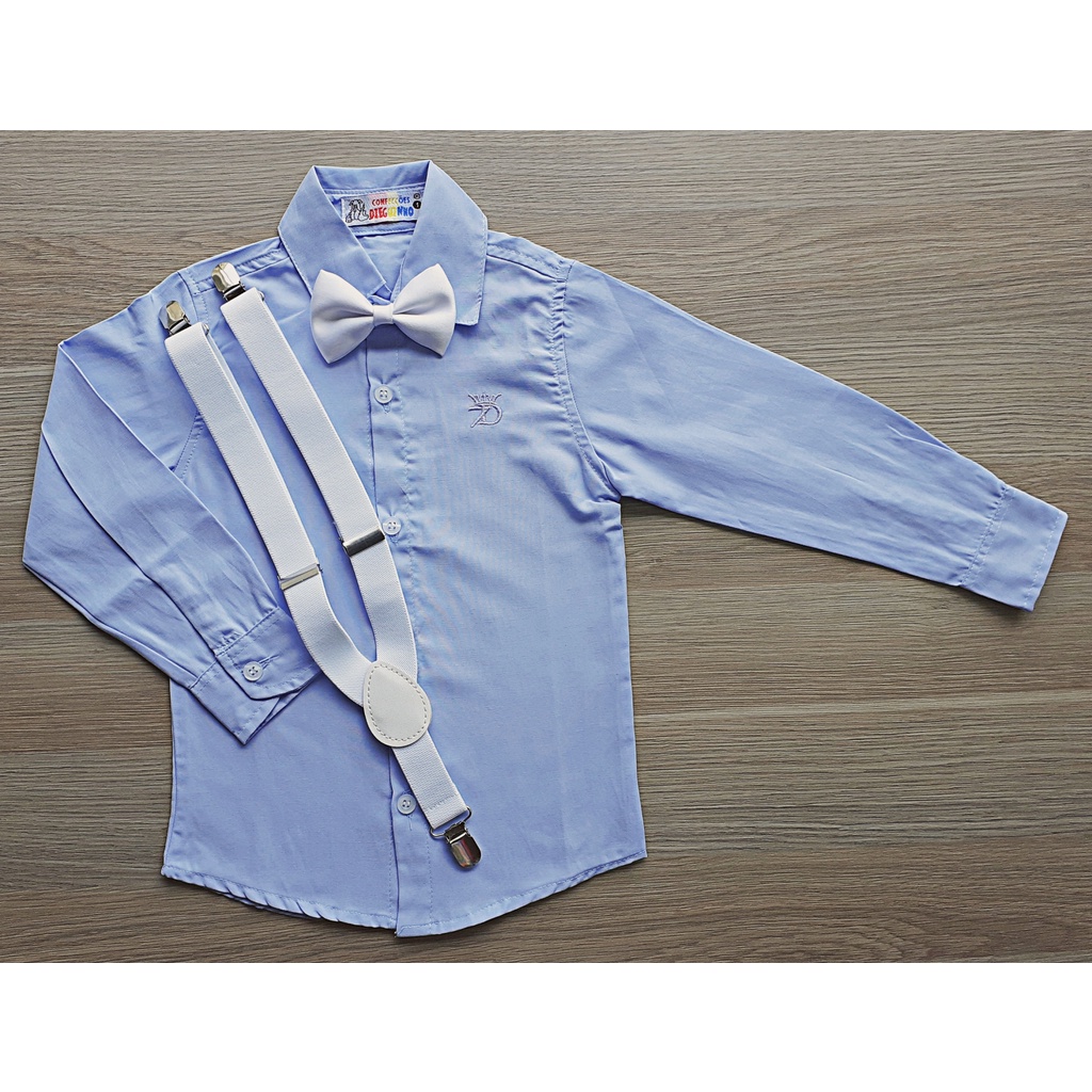 Roupa de Batizado Camisa Social Bebê Menino Com Gravata e Suspensórios