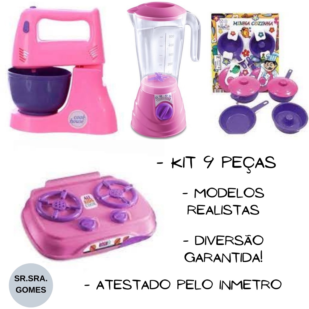 kit com 9 peças brinquedos mini cozinha infantil com mini liquidificador mini batedeira mini fogãozinho e jogo de panelinhas lindos e de boa qualidade