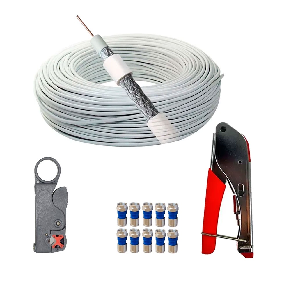 Cabo Coaxial 20 metros 95% Malha + Alicate Crimpador Decapafor e 10 Conectores RG6