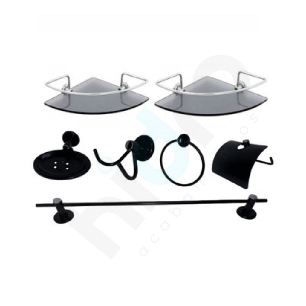 Kit Para Banheiro 05 Peças Aço Inox Preto Fosco + 2 Porta Shampoo Prateleira Com Vidro(6mm) Canto fumê