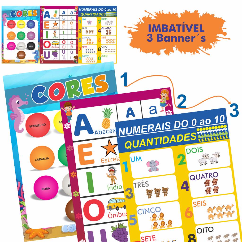 Kit 3 Banners Educativo Cores, Vogais e Números