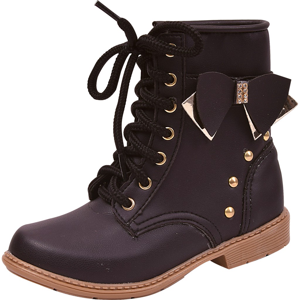 Bota Coturno Infantil Menina Cadarço e Laço Strass Preto