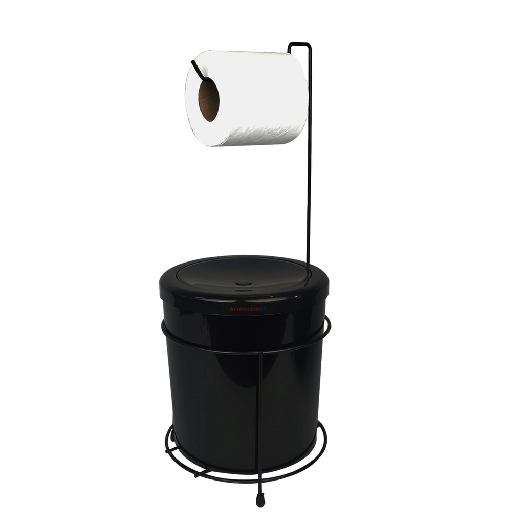 Suporte Porta Papel Higiênico Lixeira 5 Litros Basculante Redonda Banheiro Preto - 452 AMZ