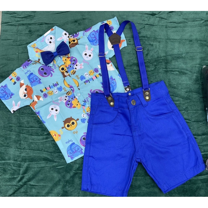 Conjunto Temático infantil menino suspensório conjunto camisa e bermuda infantil gravata