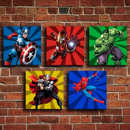 Quadro Decorativo Kit Vingadores Marvel Heróis Homem de Ferro Capitão América Hulk Thor Homem Aranha