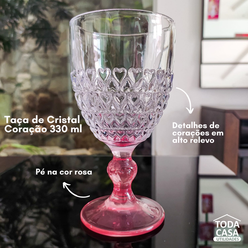 TACA P/AGUA DE CRISTAL DE CHUMBO CORACAO BORDA ROSA 330ml