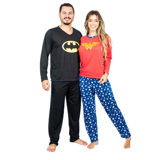 2 Pijamas Inverno Longo Adulto Casal Super Herói Batman Mulher Maravilha/ Kit 2 Pijama Casal Estampado Longo