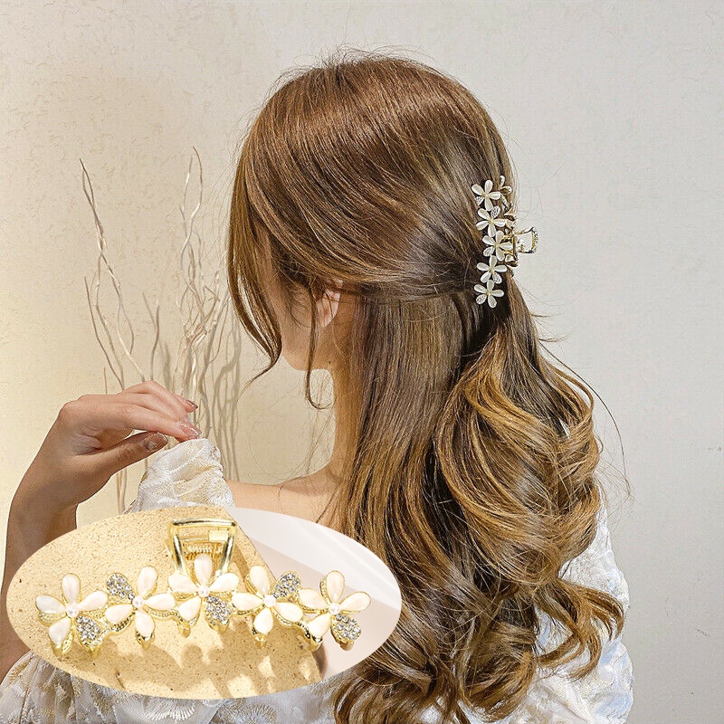 Coreano Pérola Strass Flor Liga Grampo De Cabelo Ouro Garra Para Mulher Rabo De Cavalo Titular Acessórios O