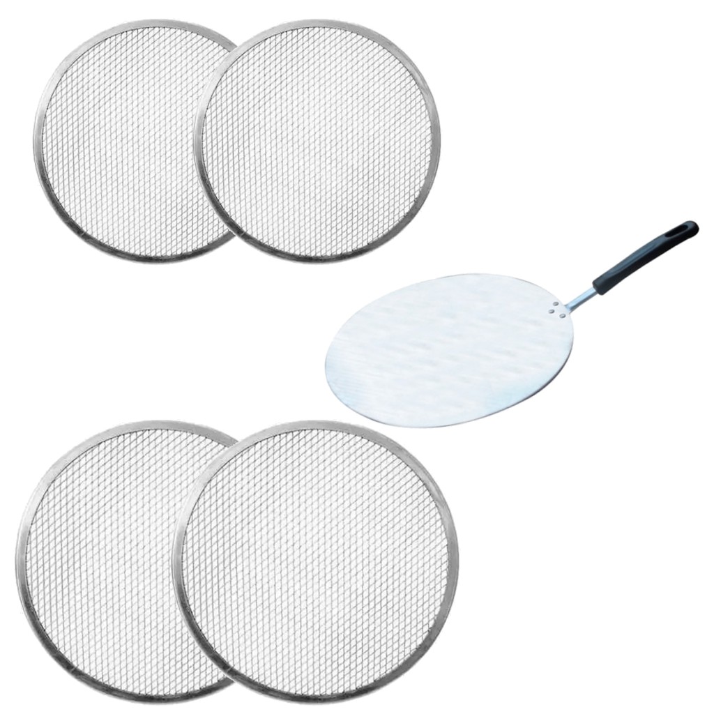 Kit Pizzaria 5 peças - Telas p/ Pizza alumínio (2 pçs 35cm + 2 pçs 40cm) + 1 Pá de Pizza 35cm