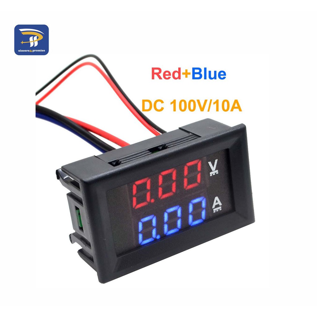 Voltímetro e Amperímetro Duplo Display LED One Piece, Medidor Digital 0-100V 10A com Display de 0,28 Vermelho Azul.