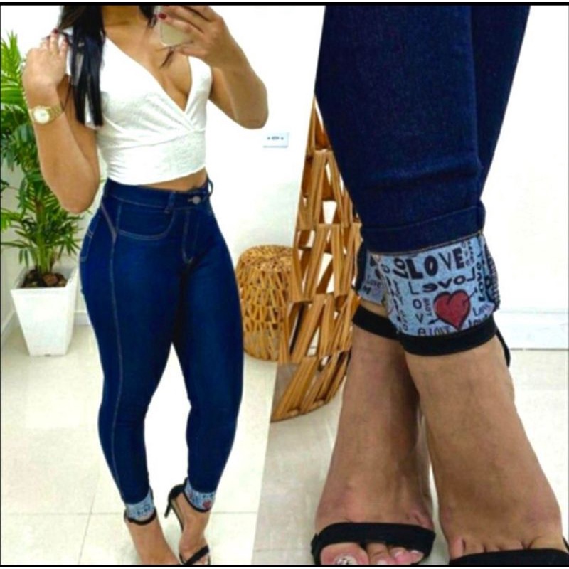 calça jeans feminina skinny escura barra love wissam jeans