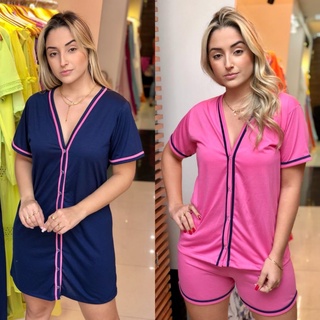 Kit Pijama Blogueira E Camisola, Pijama Americano E Camisão Aberta Com Botões, Ideal Para Gestação, Amamentação E Pós Cirurgico