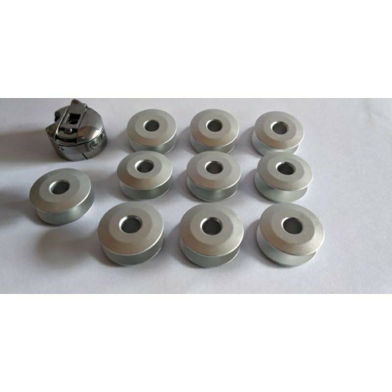 Kit com 10 bobina canelinha carretilha de alumínio abaulada + 1 Caixa de bobina com mola interna para máquina reta industrial bobina baixa