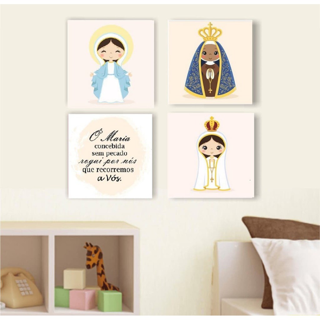 Kit 4 Peças Quadro Decorativo Nossa Senhora Cute Oração