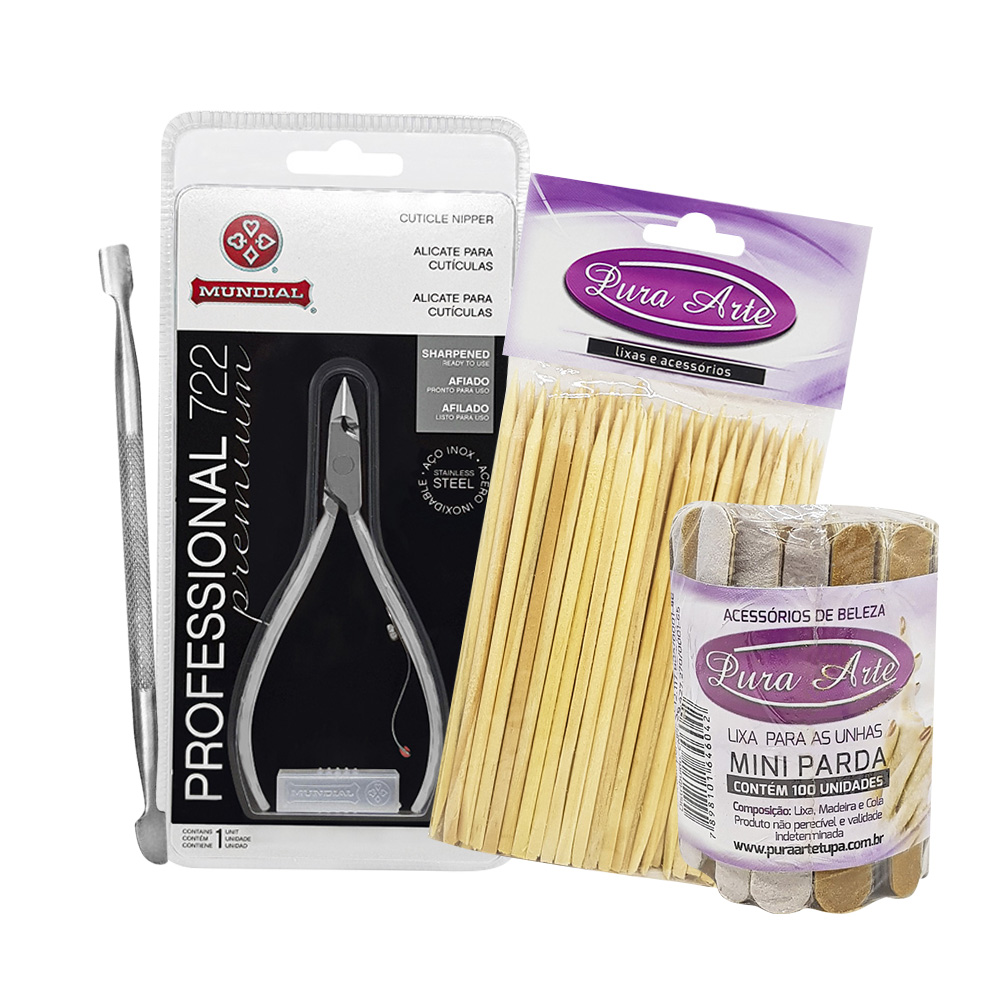 Kit Manicure Profissional com Alicate Mundial 722, Espátula Inox, Palitos e Lixas Mini Parda