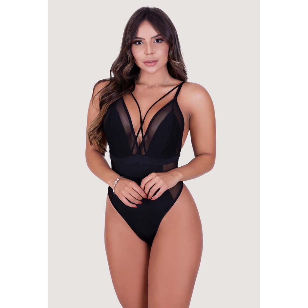Body Feminino Sensual Alcinha Fina Com Strapy E Tule em Oferta na Shopee