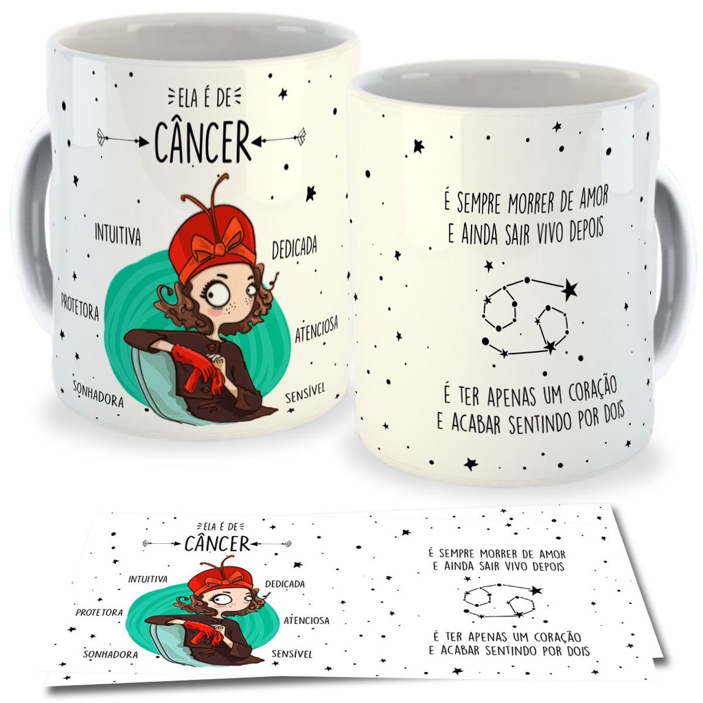 Caneca Signo Câncer - Zodíaco Canceriana Personalizada Signos com Nome Xicara de Porcelana 325ml 21/06 a 22/07