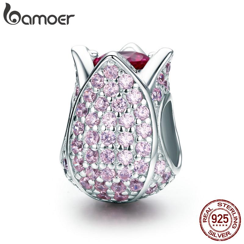 Bamoer Tulipa Pétalas De Flores De Cabe Para Mulheres Pulseira E Colares DIY 925 Prata Esterlina Rosa CZ SCC569