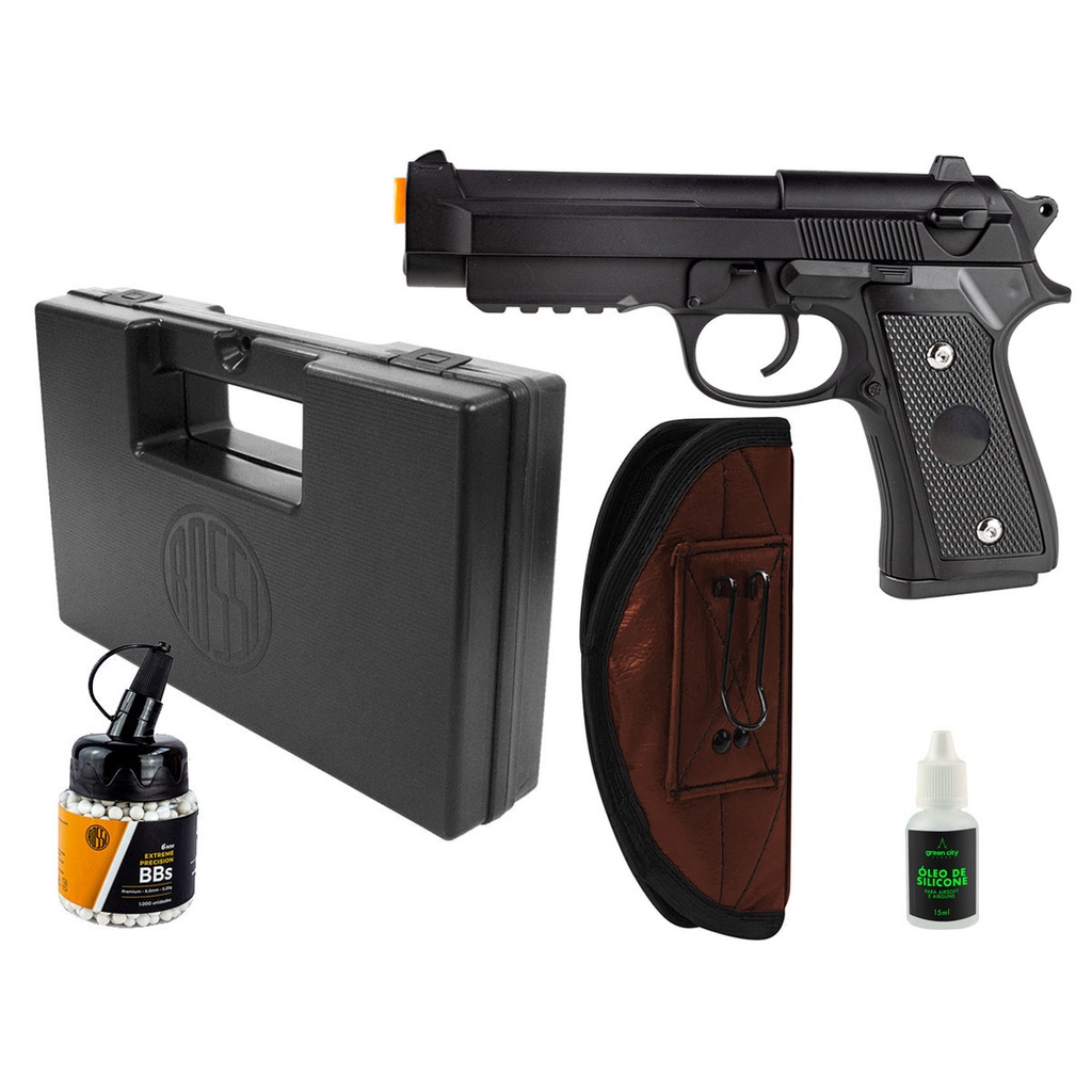 Pistola Airsoft Full Metal Spring PT92 V22, Coldre Couro Marrom, Maleta