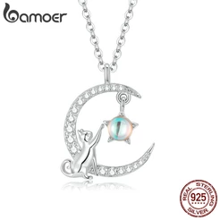 Colar Bamoer S925 Prata Fashion Gato E Lua Ins Pingente Para Jóias Femininas Acessórios