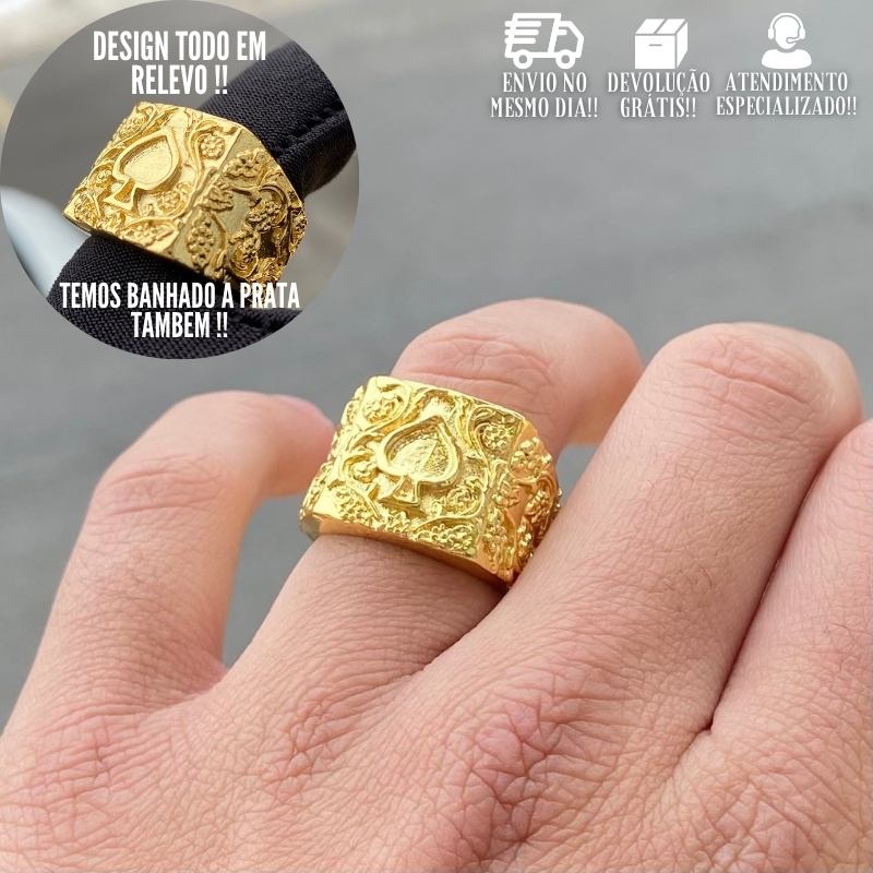 Anel Masculino de Ouro 24k Dedeira de Naipe de Espadas em Relevo Banhado a Ouro