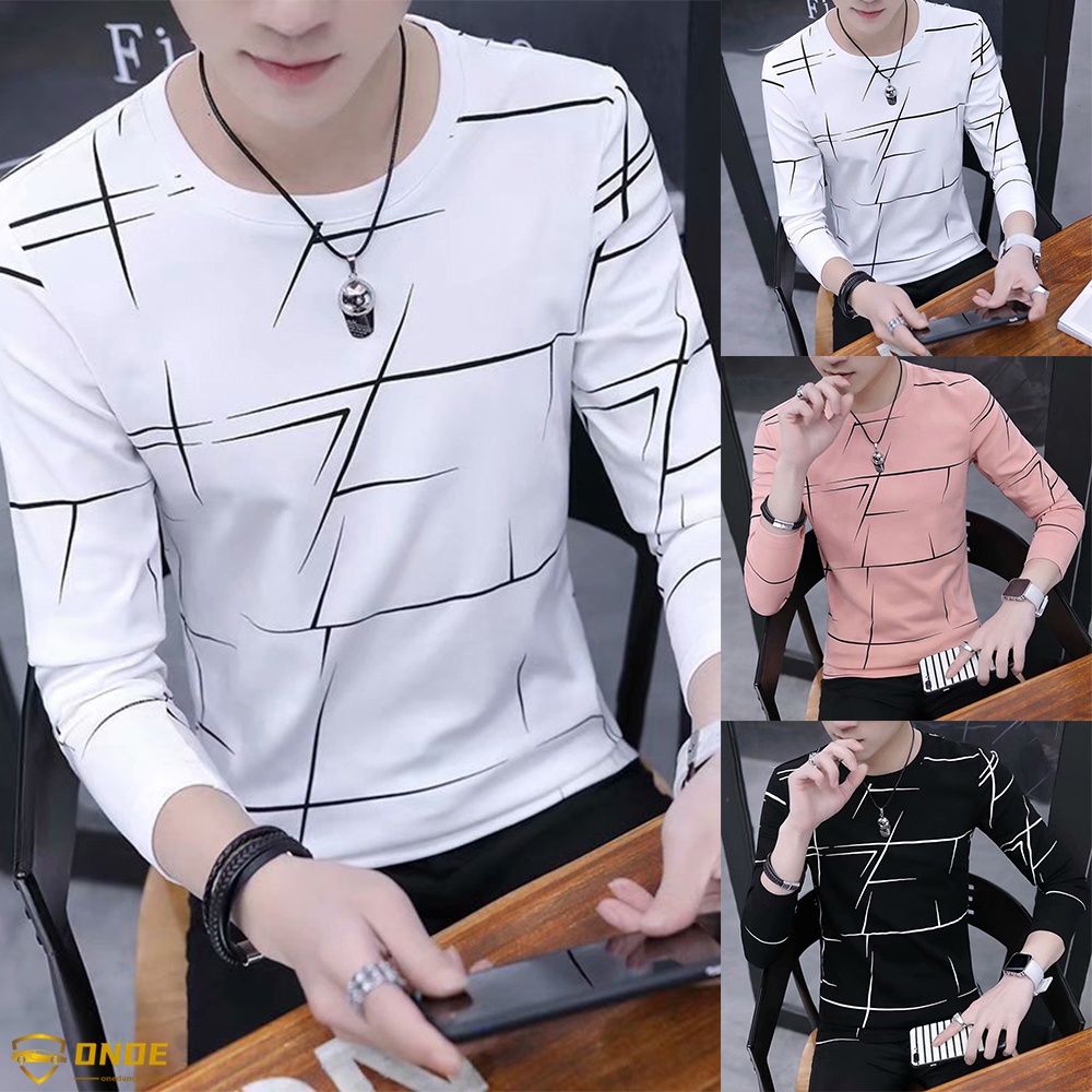 (ONDE) Camiseta/Blusa Masculina De Alta Qualidade De Gola Redonda De Manga Comprida Slim Fit Com Estampa Muscular
