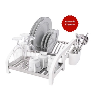 Escorredor 12 pratos Inox Cama Branco