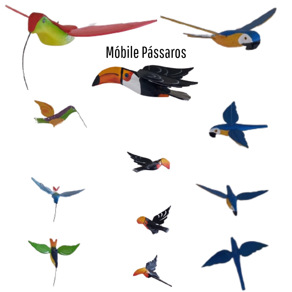 Mobile Madeira Pendente com Pássaros Tucano Arara Beija-flor Decoração Jardim Artesanato