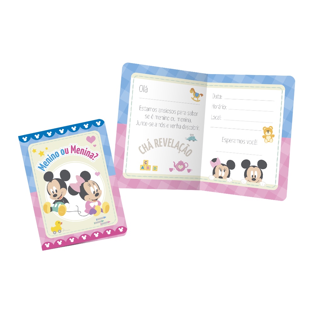 Convite Chá Revelação Mickey e Minnie 8 Uni Regina Festas - Inspire sua Festa Loja