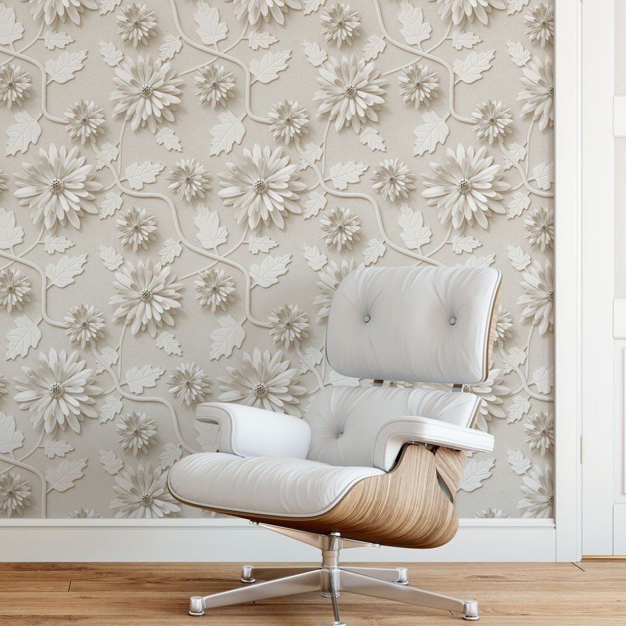 Papel De Parede Adesivo Flores Com Efeito 3d Tons De Bege em Oferta na Shopee