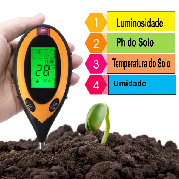 Medidor PH Solo Umidade Luz Termômetro - Digital 4x1 Jardinagem Plantas