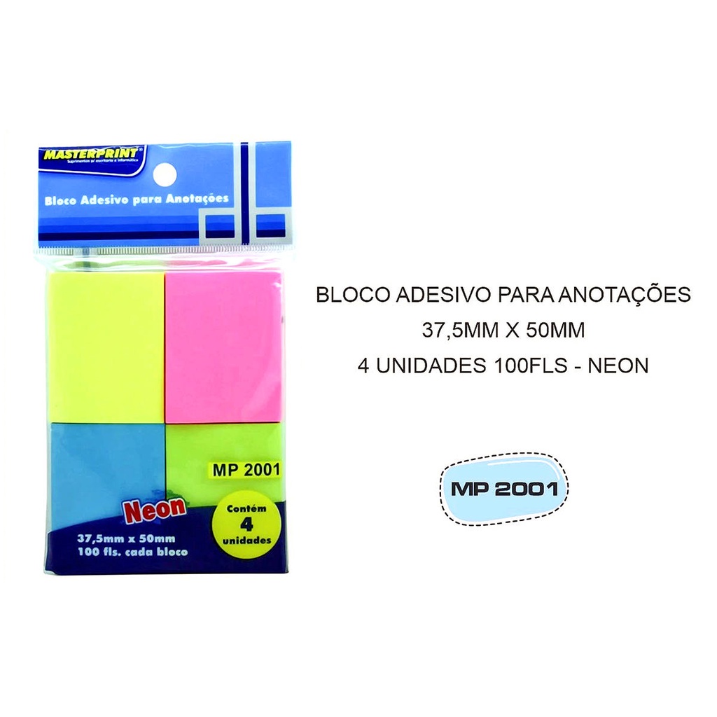 Bloco Nota Adesivo para Anotações Neon Colorido 37,5mm x 50mm - 4 unidades