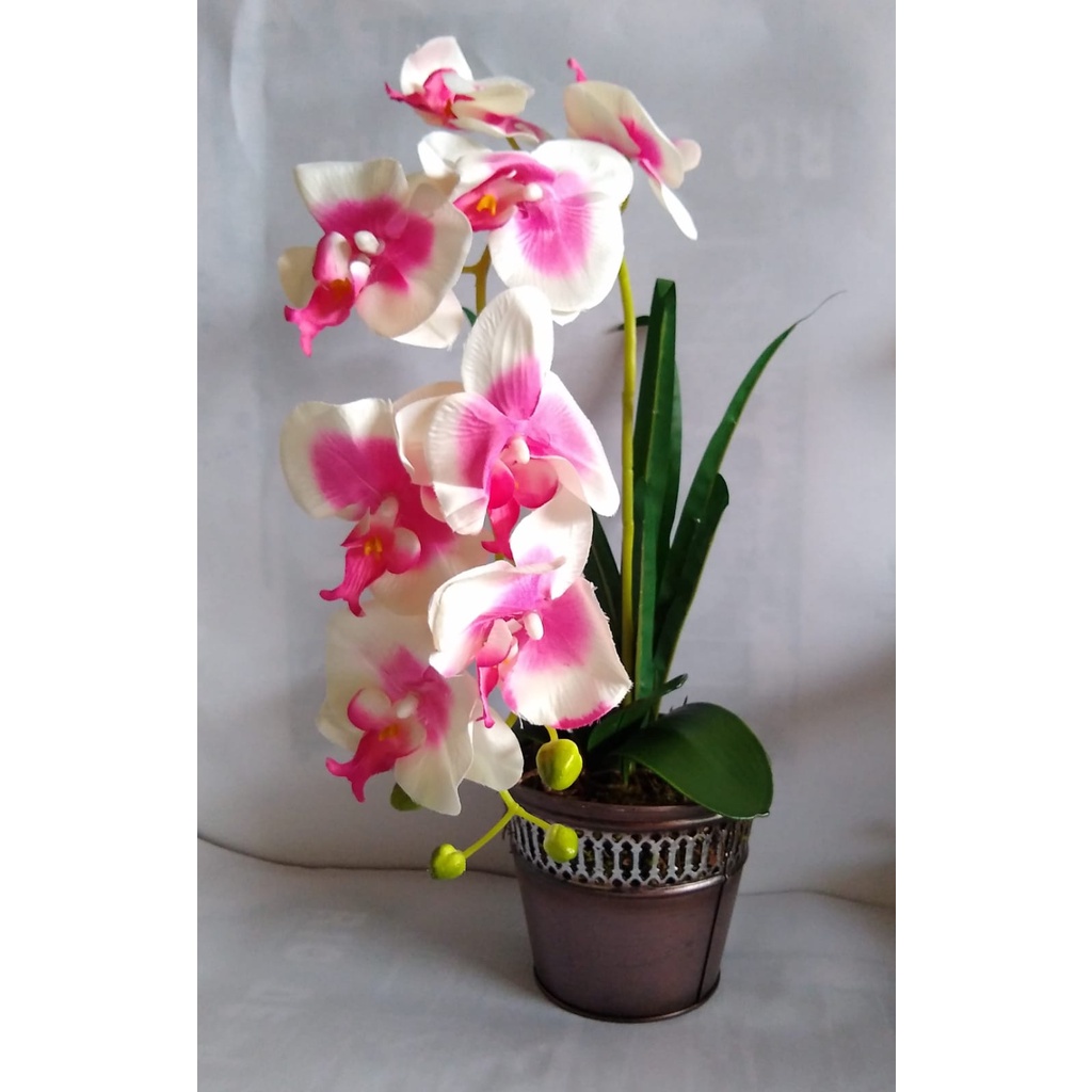 Arranjo Artificial Orquídea Branca/rosa No Vaso Aluminio | Shopee Brasil