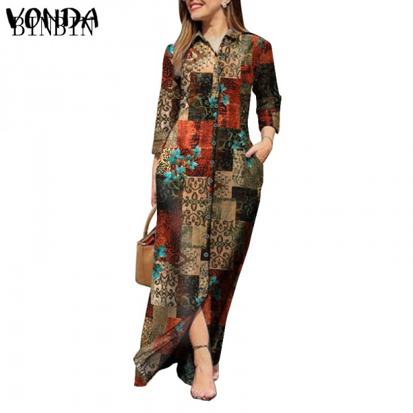 Vonda Vestido Maxi Feminino Com Estampa Florida De Lapela E Botão 5232