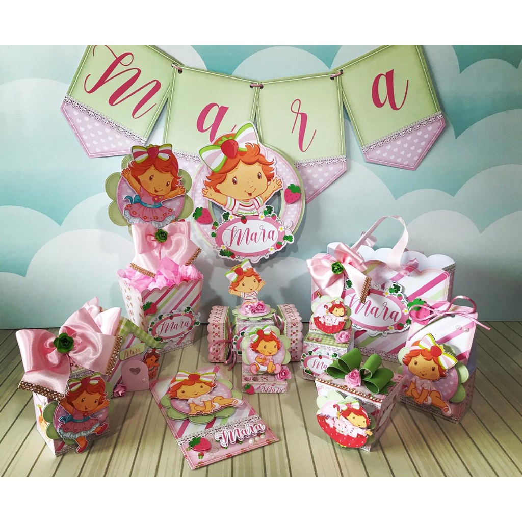 Kit Festa MORANGUINHO Personalizado | Lembrancinhas | Decoração Aniversário | Caixa Milk Pirâmide