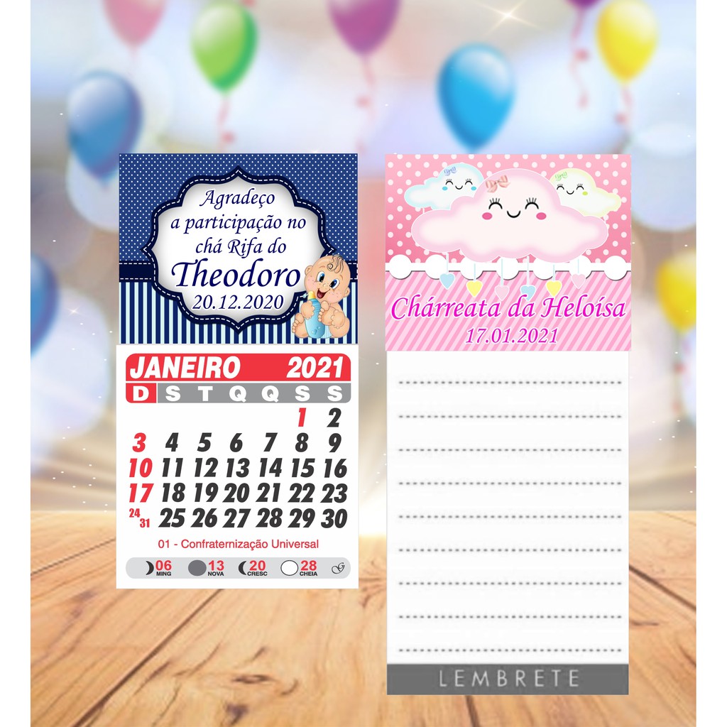 Imã de Geladeira 5X4cm - Chá Rifa - Kit 20 Unidades - C/ Bloco de Calendário 2026 ou Lembrete - temos todos os temas