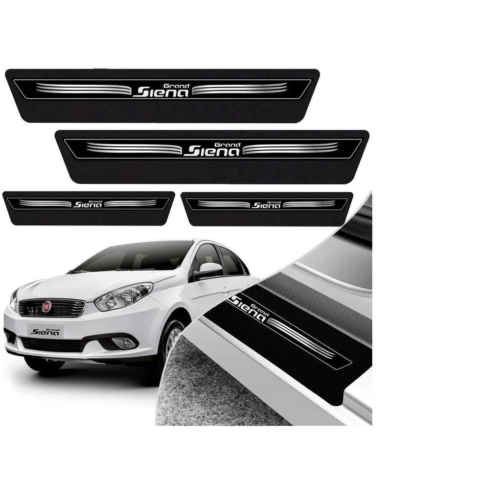 Kit 8 Peças Soleira Adesivo Porta Fiat Grand Siena 2013 2014 2015 2016 2017 2018 2019 - Preto Imperdível Incrível