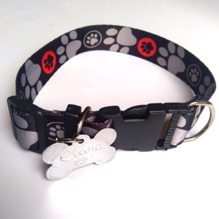 Coleira para cachorro+Plaquinha de identificação/GRAVAMOS . preta estampada.. Ju
