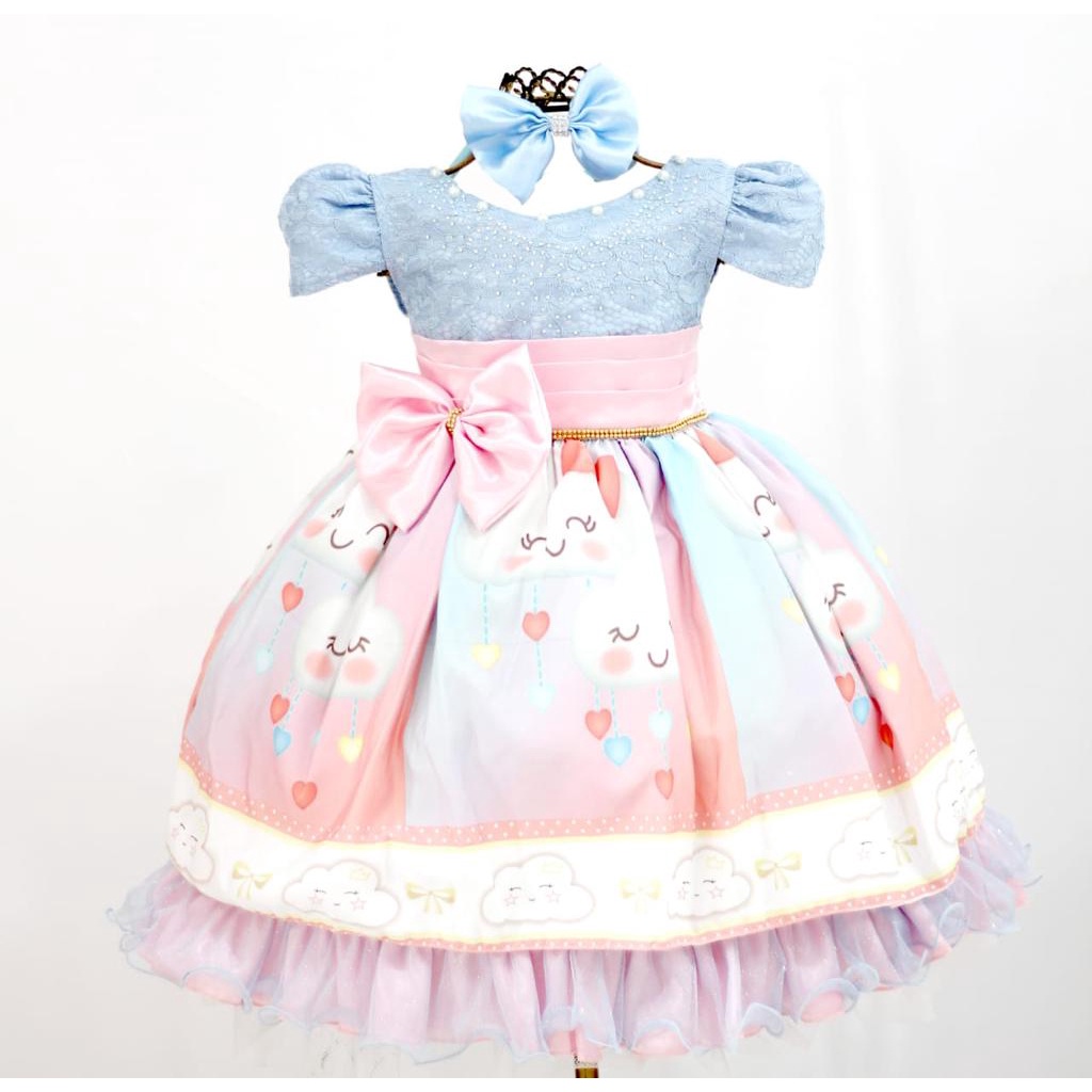 Vestido Infantil Realeza Chuva De Amor Nuvenzinha Festa Aniversário Com Tiara
