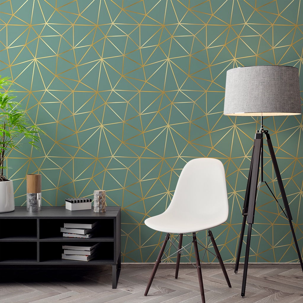 Papel de Parede Adesivo Efeito Zara Verde Musgo Tons Claros Gold com Linhas Amarela Efeito 3D