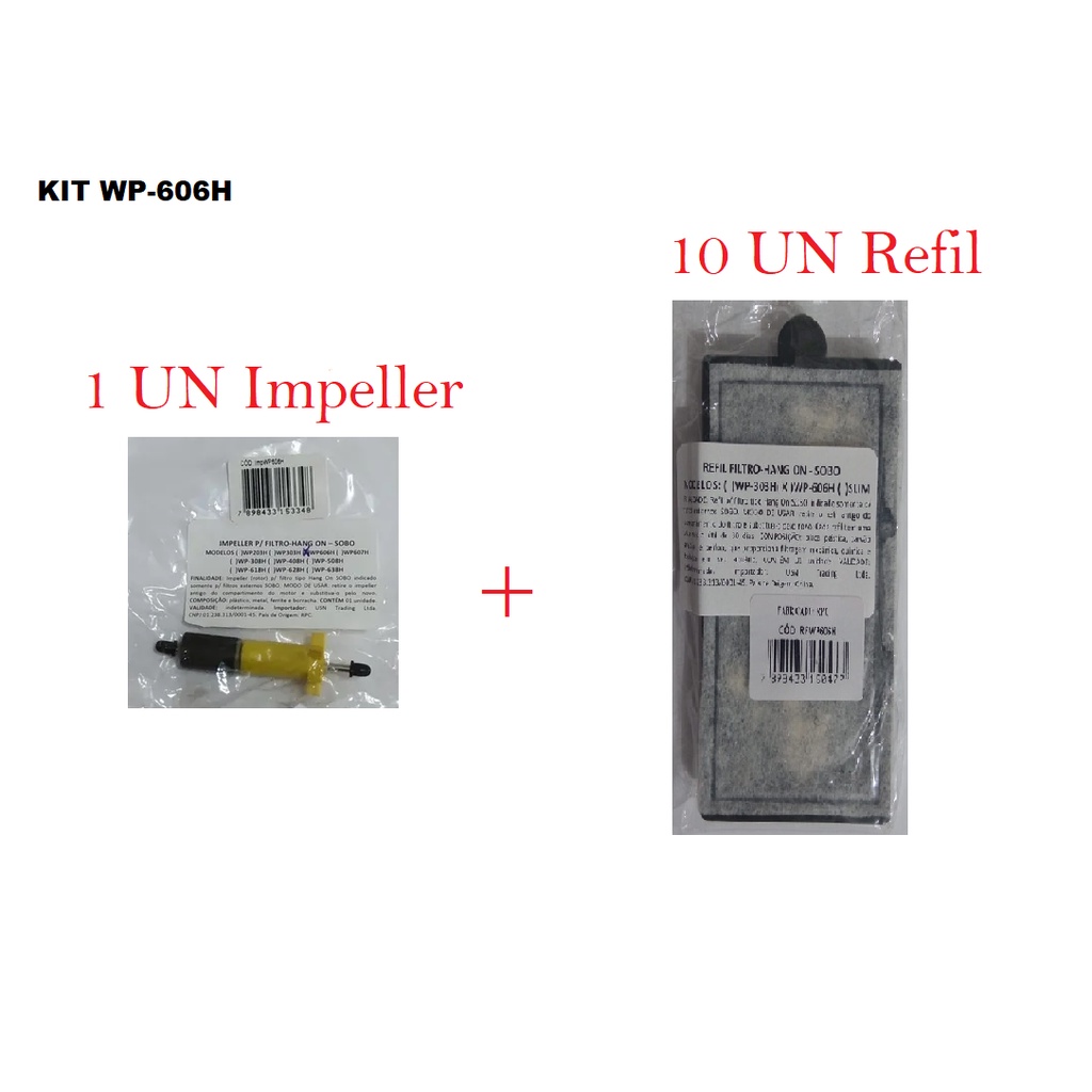 Kit 10 Unidades Refil Filtro + 1 Impeller Rotor do Filtro Sobo Wp-606h Aquário