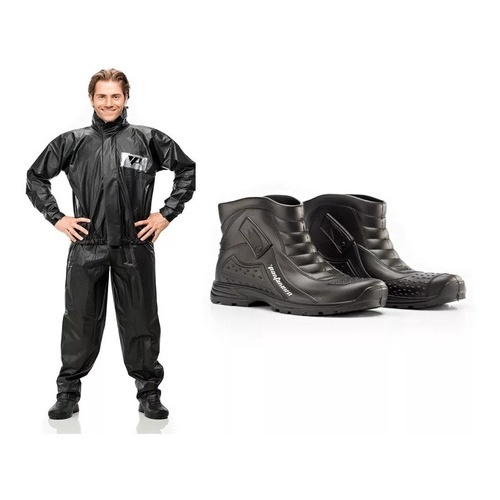 Kit Capa De Chuva Moto Pvc + Bota Pantaneiro Impermeavel Motoqueiro