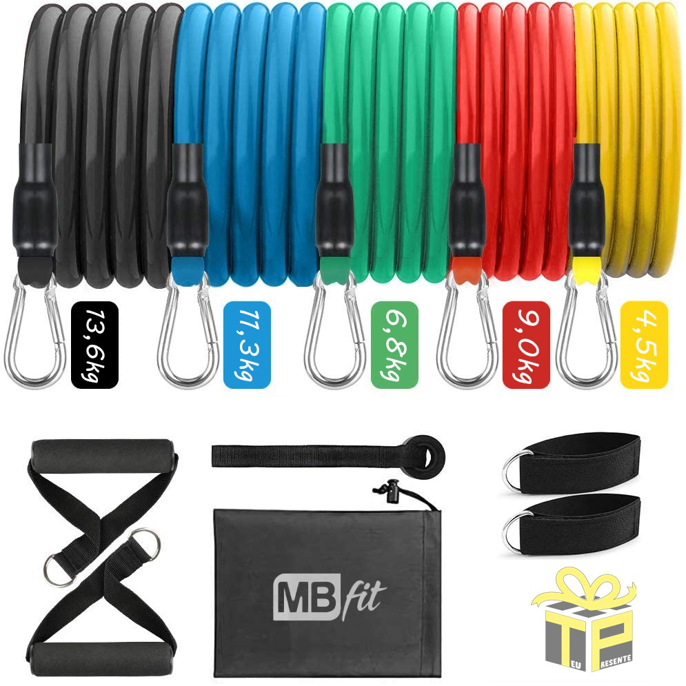 Kit Elástico Extensor 11 Peças Exercício Funcional Tubing Costa Peito Ombro Biceps Premium