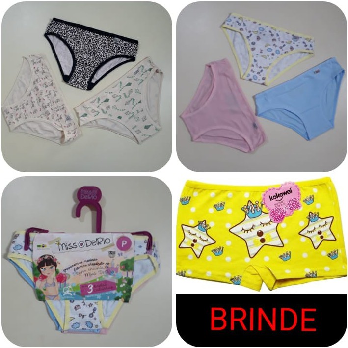 Kit 3 Calcinhas Infantil Juvenil Miss DelRio Algodão + 1 Calcinha Shortinho Box Algodão de BRINDE