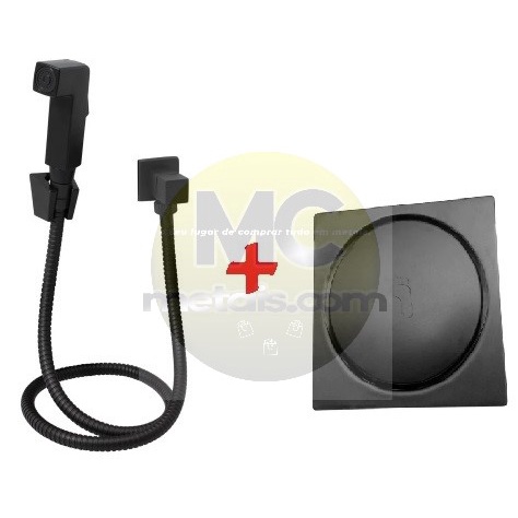 Ducha Higienica Quadrada Preta Metal + Ralo Ckik Quadrado Preto 10x10