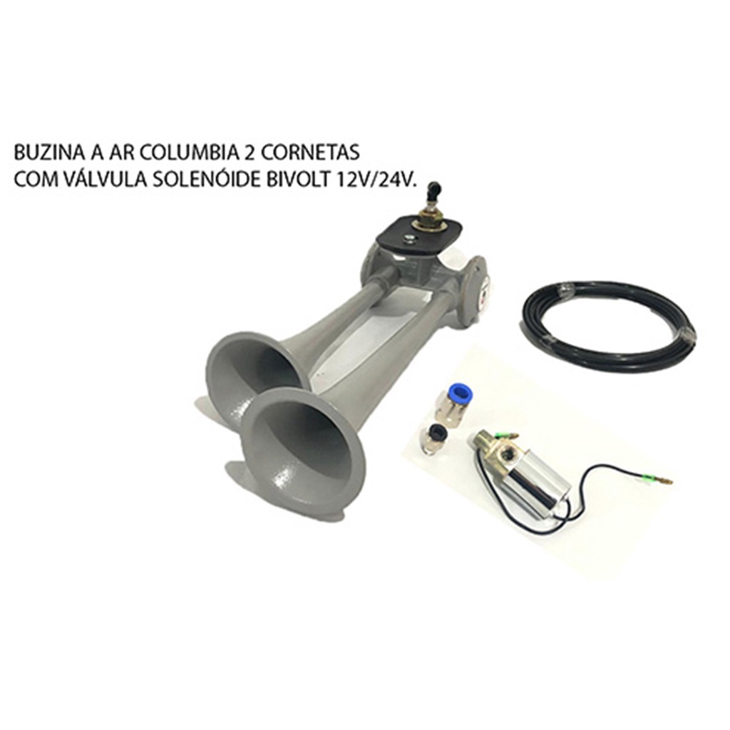 Buzina A Ar Columbia 2 Cornetas De Metal Para Caminhão,onibus E Veiculos Com Compressor E/ou Reservatorio De Ar Com Válvula Solenoide Bivolt 12v./24v.