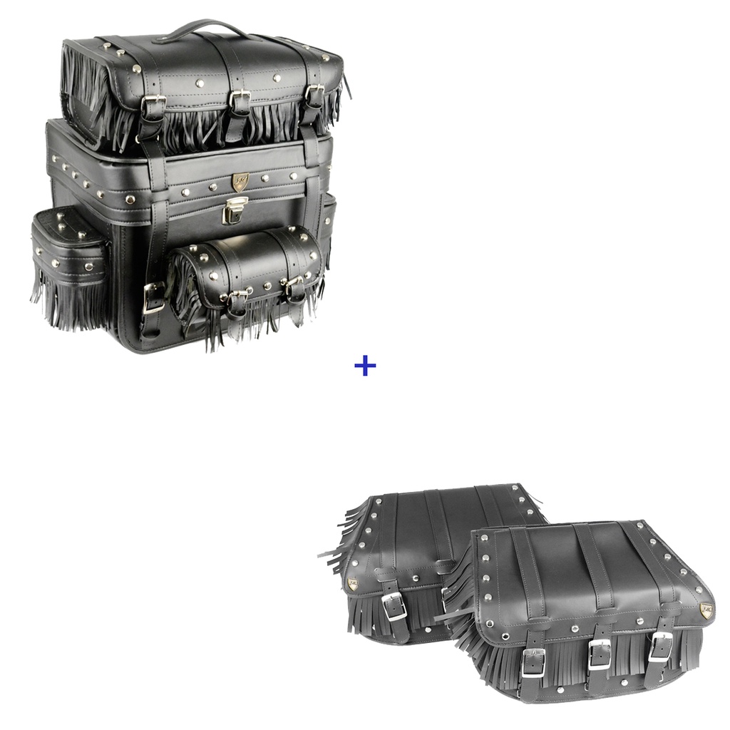 Kit Viagem Alforge Traseiro 62 Litros C/ Chave Tranca Couro Sintético C/ Cravos e Franjas + Alforge Lateral 3F 25 Litros Couro Sintético C/ Cravos e Franjas