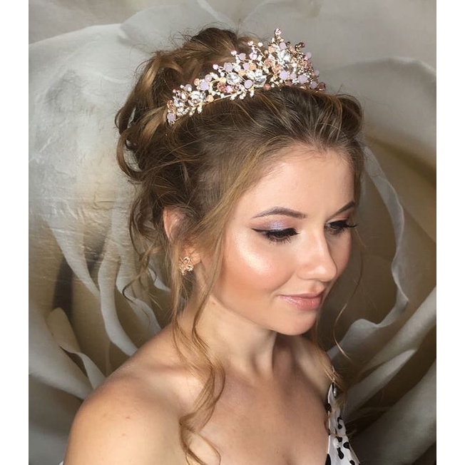 KIT Coroa Tiara Porta Coque Dourada Com Cristais Rosa + Brincos Para Penteado Noiva Casamento Festa 15 Anos Elegante